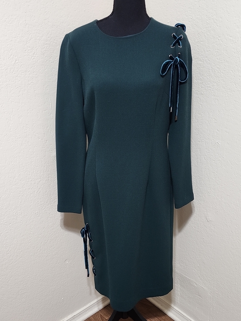NWT Rickie Freeman by Teri Jon Dark Green Lace-Up Velvet Detail Dress - Sz 8
